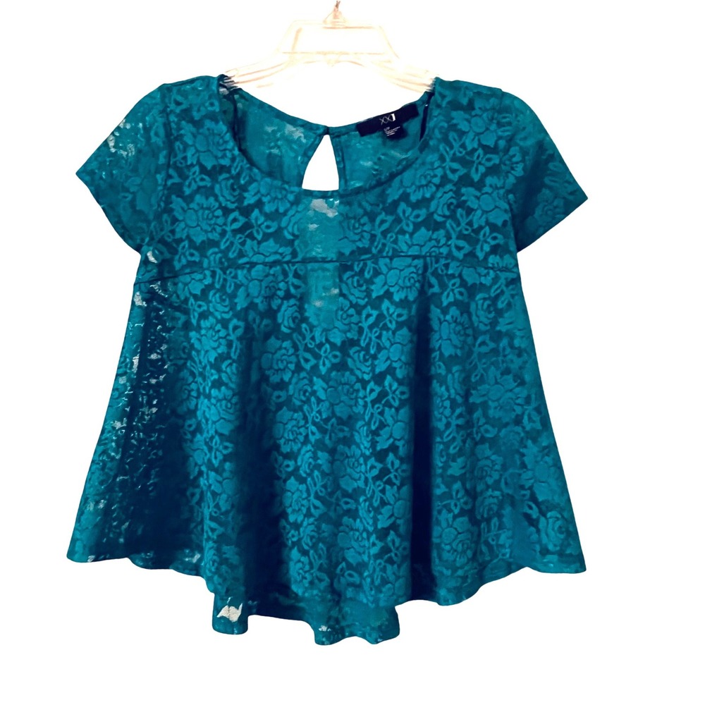 XXI Forever 21 Green Floral Lace Babydoll Peplum Top Short Sleeve keyhole Back